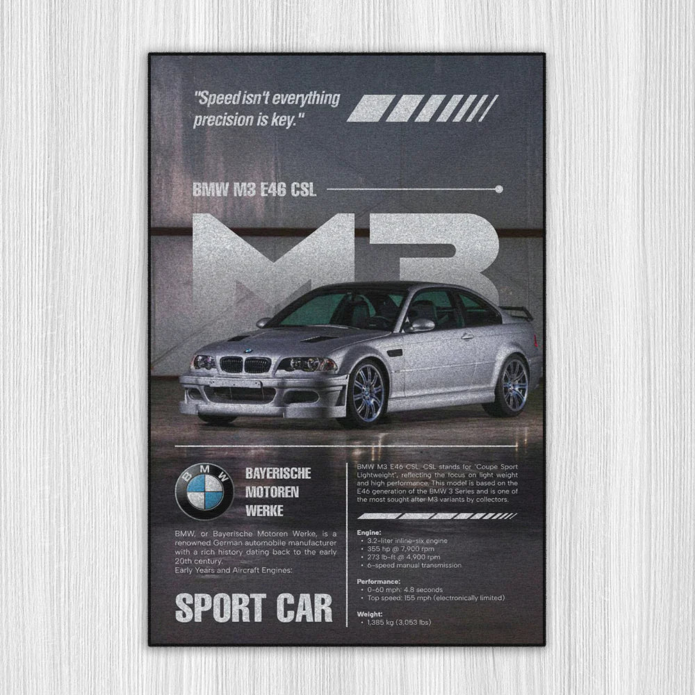M3 E46 CSL Gri Baskı Duvar Halı